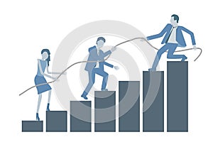 Business flat design vector growing chart with a leader helping colleagues to climb on top.