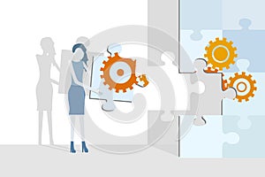 Business flat design vector with a woman completing a big jigsaw puzzle with cogwheels.