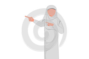 Business flat drawing Arab businesswoman pointing away hands together and showing or presenting something. Arabian female manager
