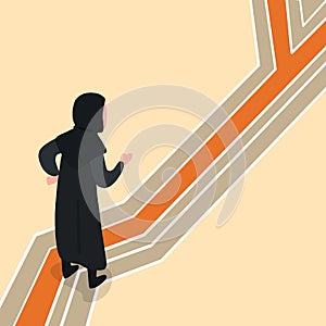 Business flat drawing Arab businesswoman to choose right way to success, multiple road sign, business decision making, career path