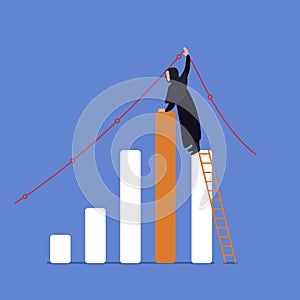 Business flat drawing Arabian businesswoman climbing up on ladder to adjust uptrend graph chart on wall. Depicts financial success