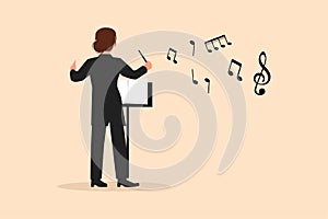 Business flat drawing back view woman conductor performing on stage, female musician in tuxedo directing classic instrumental