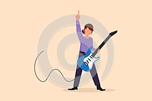 Business flat drawing female musician playing electric guitar. Woman practicing in playing guitar. Guitarist perform playing music