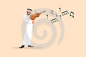 Business flat drawing happy man musician playing violin. Classical music performer with musical instrument. Arab male musician in