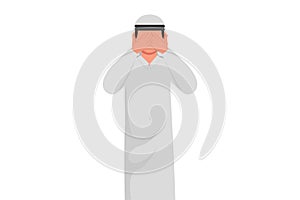 Business flat drawing of young Arabian businessman close his eyes with his hands because of disgust and reluctance to see
