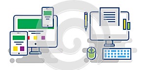 Business flat icons - Symbols include 2 imac or pc with pencil paper text keyboard mouse and tablet photo