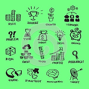 Business Flat Icons Set Free Hand Scribbing & Doodling Style