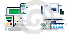 Business flat icons - Symbols include 2 imac or pc with pencil paper text keyboard mouse and tablet