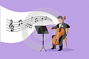 Business flat style drawing young male performer playing on contrabass. Cellist man playing cello, musician playing classical