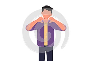 Business flat style of unhappy businessman showing thumbs down sign gesture. Dislike, disagree, disappointment, disapprove, no