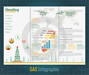 Business flat three fold design template with flat gas rig or oil derrik and information.