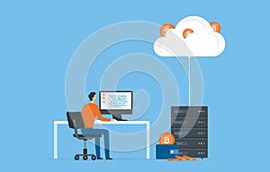 Business Flat vector design technology cloud mining network connection server concept. Business team people working. Illustration