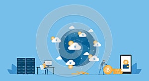 Business Flat vector design technology cloud mining network connection server concept. Business team people working. Illustration