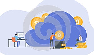 Business Flat vector design technology cloud mining network connection server concept. Business team people working. Illustration