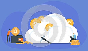 Business Flat vector design technology cloud mining network connection server concept. Business team people working. Illustration