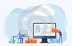 Business Flat vector design technology file upload backup on cloud server storage concept. team administrator and developer workin