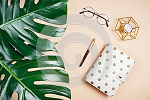 Business flatlay mockup with philodendron monstera leaves, planner, candle and glasses photo