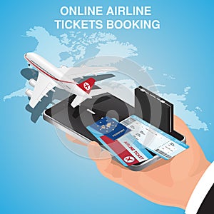 Business flights conception. Airline tickets online. Buying or booking Airline tickets. Online app for tickets order.