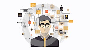 Business Flowchart and Man Working with Algorithm in Office Environment