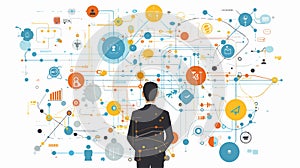 Business Flowchart and Man Working with Algorithm in Office Environment