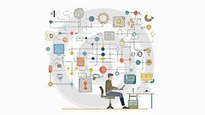 Business Flowchart and Man Working with Algorithm in Office Environment