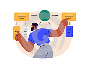 Business flowchart. Man works with algorithm scheme, information structure, system. Data analysis, research concept