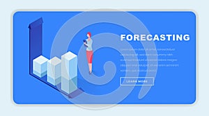 Business forecasting isometric landing page template. Female marketing expert analyzing statistical data, predicting