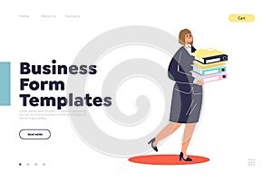 Business form templates concept of landing page with businesswoman holding pile of documents