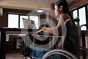 Business freelancer with physical impairment sitting in wheelchair