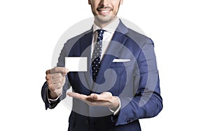 Business friendly man handing a blank business card