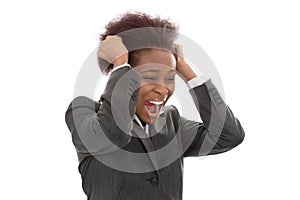 Business: frustrated black woman pulling out hair screaming isolated on white background