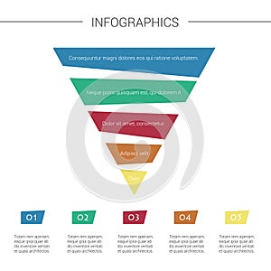 Business Funnel Pyramid Infographic. Colorful Pyramid with 5 options and business icons. Vector illustration.