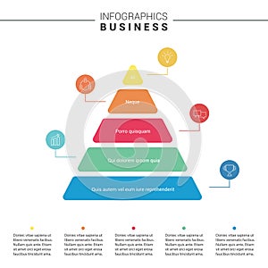 Business Funnel Pyramid Infographic. Colorful Pyramid with 5 options and business icons. Vector illustration.