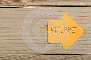 Business, future and motivation concept - orange sticker and text "Future" in the shape of an arrow