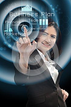 Business and future technology concept - smiling businesswoman w
