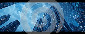 Business futuristic skyscraper banner with programm code.