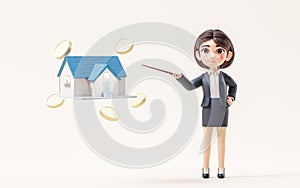 Business girl with house investing concept, 3d rendering