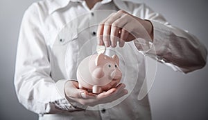 Business girl putting coin to piggy bank. Saving money