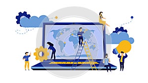 Business global earth vector map concept with laptop. PC consulting idea world. Man and woman group illustration team cartoon.