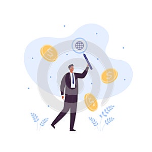 Business and global finance research concept. Vector flat illustration. Businessman with magnifying glass on planet earth icon.