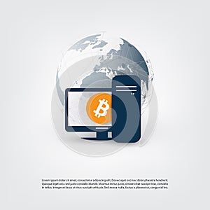 Business and Global Financial Connections, Cryptocurrency, Bitcoin Trading and Mining, Online Banking and Money Transfer Concept