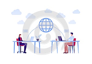 Business global team work concept. Vector flat person illustration. Male and female sitting with laptop, planet and talk bubble