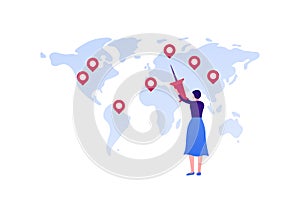 Business global tourism and media reporter concept. Vector flat person illustration. Female holding pin and map with location mark