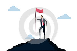 Business goal achievement, confidence businessman standing proudly with victory flag on high mountain peak up hill