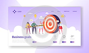 Business Goal Achievement Landing Page. Website Layout with Flat People Characters Aiming Target. Success Concept