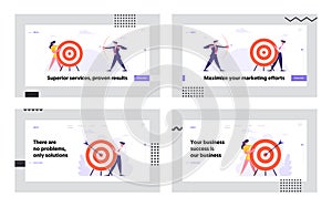 Business Goal Achievement Website Landing Page Set, Business People Shoot to Aim, Challenge, Task Solution