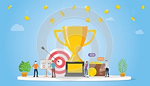 Business goal achivement company concept with big golden trophy and team people with money and graph chart - vector