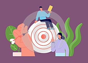 Business goal. Businessman and woman, hand aiming dart at target. Achievement in work or study, vector concept
