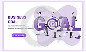 Business goal concept design. People work, sit and stand near the big GOAL symbol. Target with an arrow, reach the target, goal