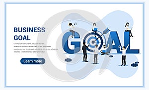 Business goal concept design. People work, sit and stand near the big GOAL symbol. Target with an arrow, reach the target, goal
